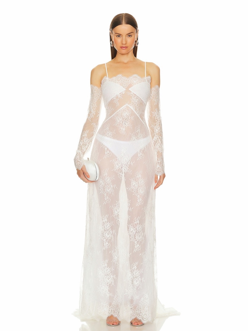 NBD Revolve Xyla White Sheer Lace Off Shoulder Train Slip Gown Size Small NWT